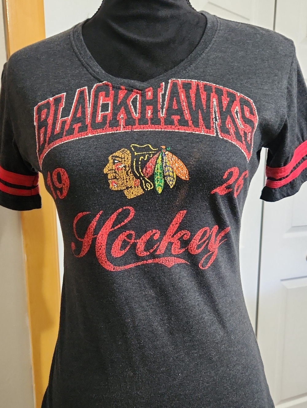 Black Short-Sleeve Hockey Tee with Red Accents